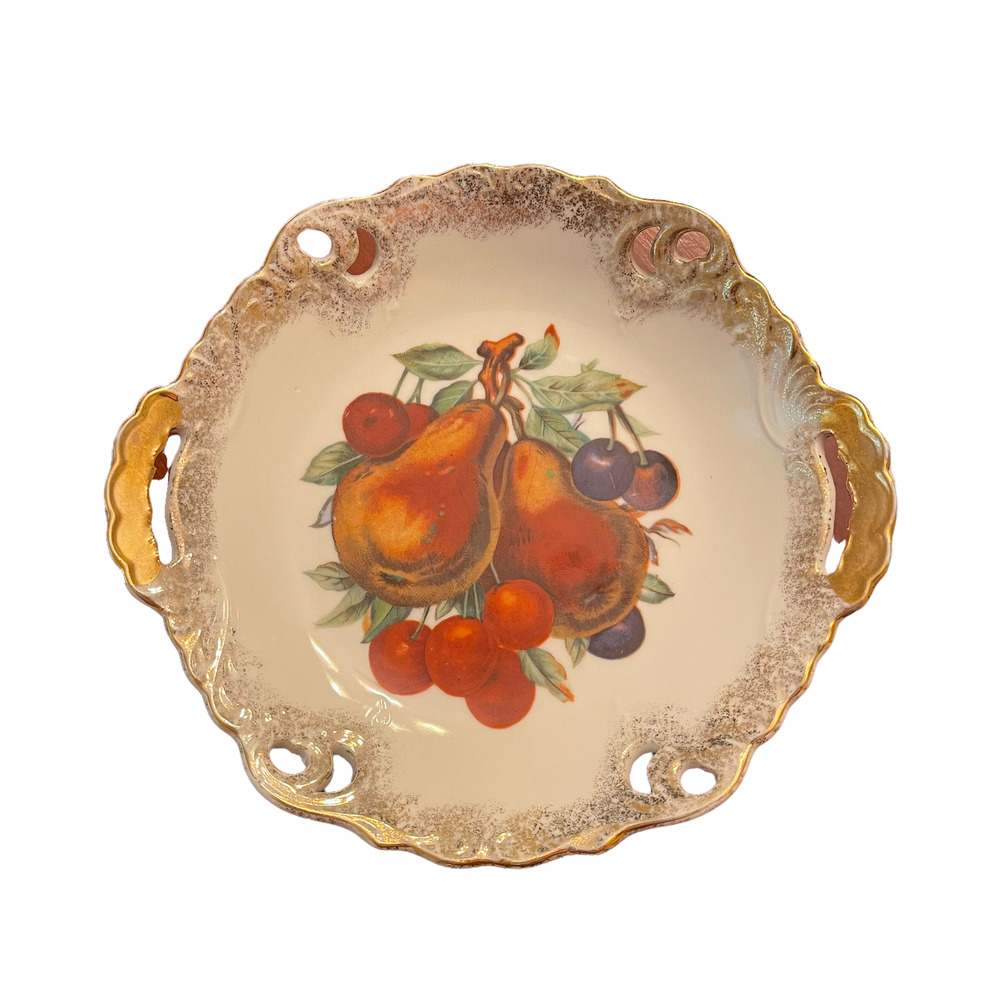 Unmarked Vintage Hand Painted Dish 8.5" Fruit Pears Grapes Cherries